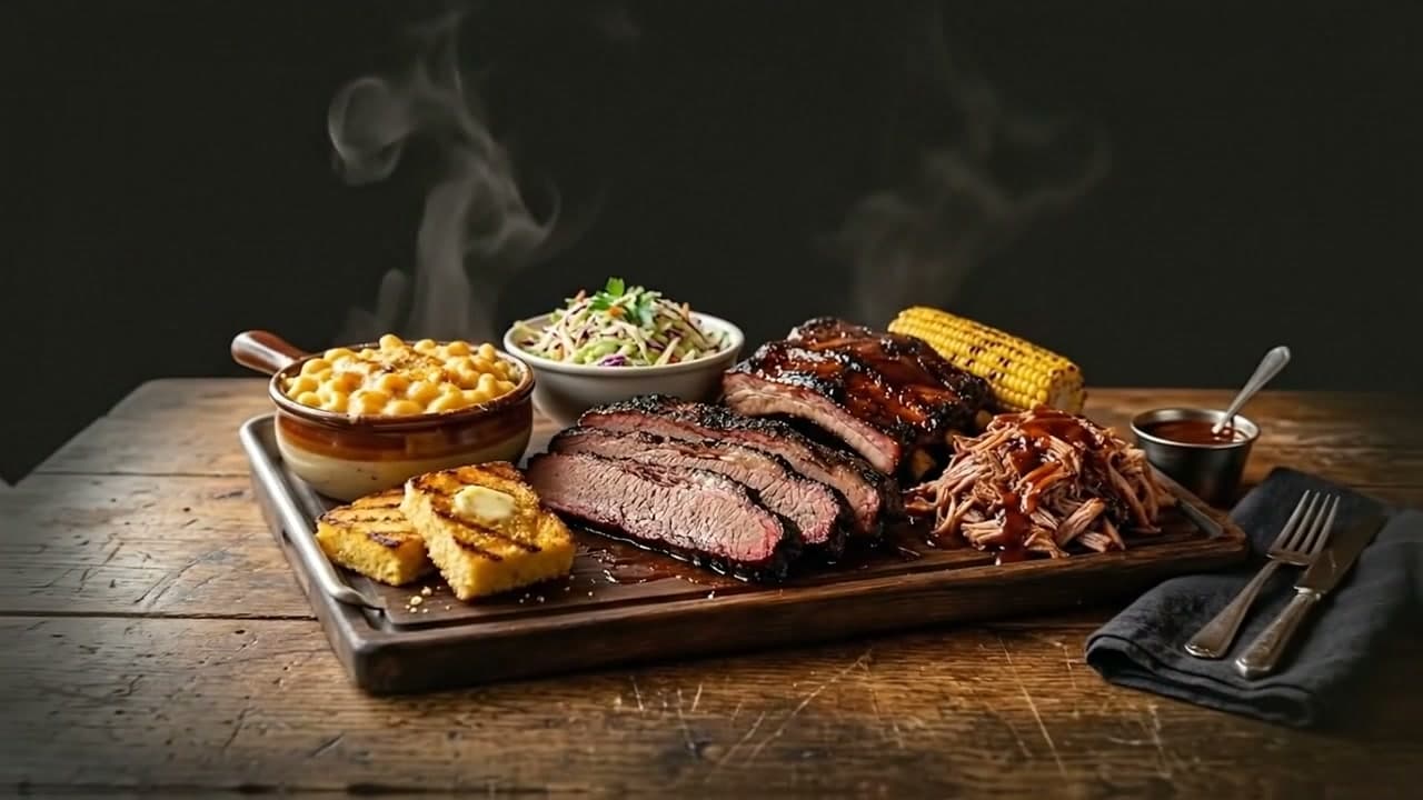 Большой BBQ-стол с мясом и гарнирами
